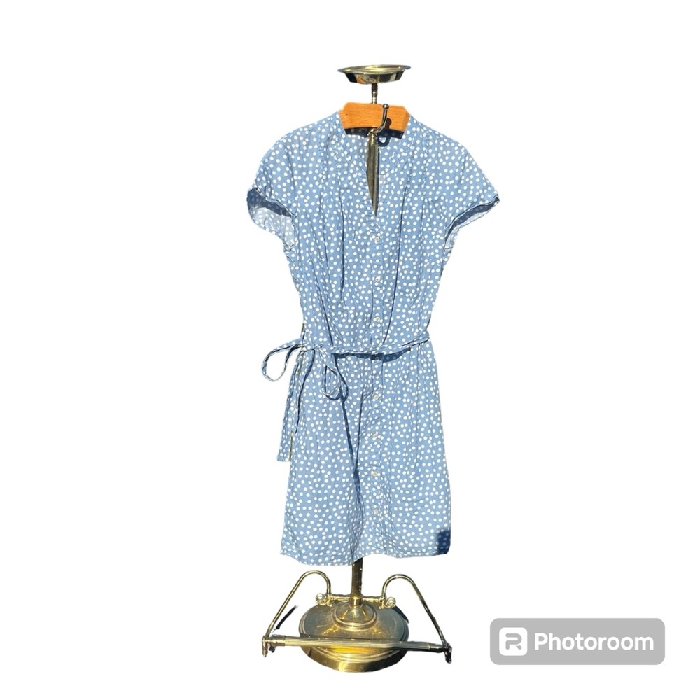 BODEN ~ Light 100% Cotton Blue Polka Dot Button Down Dress with Belt Tie